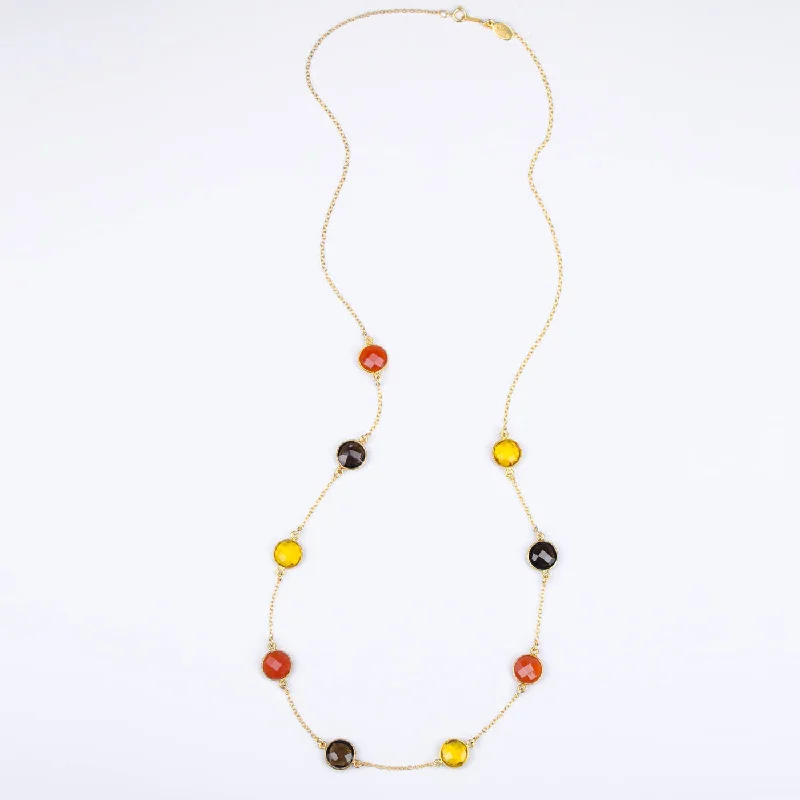 Ladies modern necklaces-Long Citrine, Carnelian, Smoky Quartz bezel station necklace