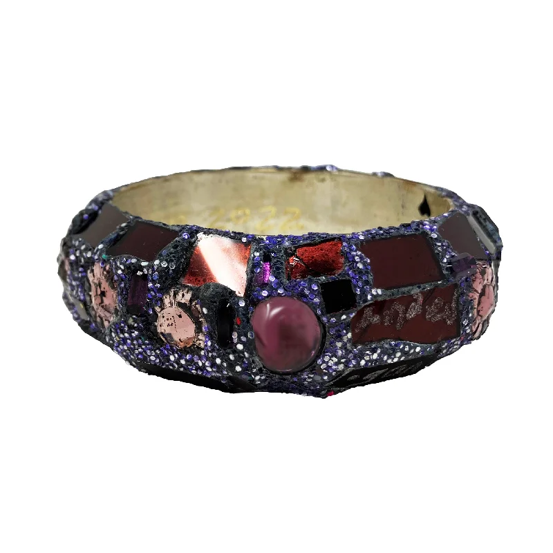 Ladies cuff bracelets-AUBERGINE BANGLE WITH PINK FLOWERS, 2022