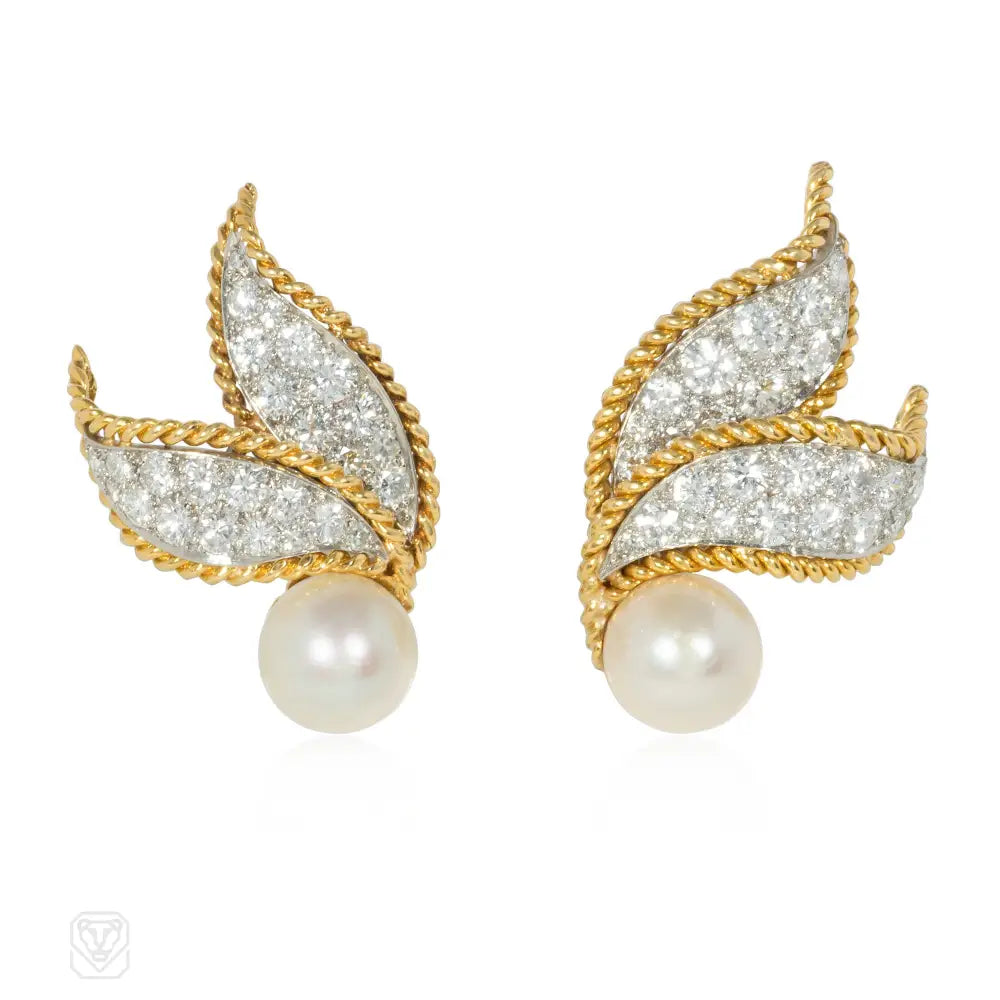 Ladies multi-colored earrings-Van Cleef & Arpels diamond and pearl leaf earrings