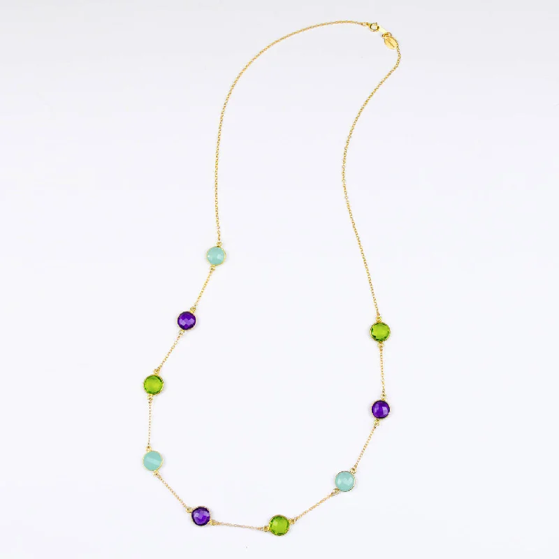 Ladies vintage gold necklaces-Long Purple Amethyst, Aqua Chalcedony and Peridot bezel station necklace