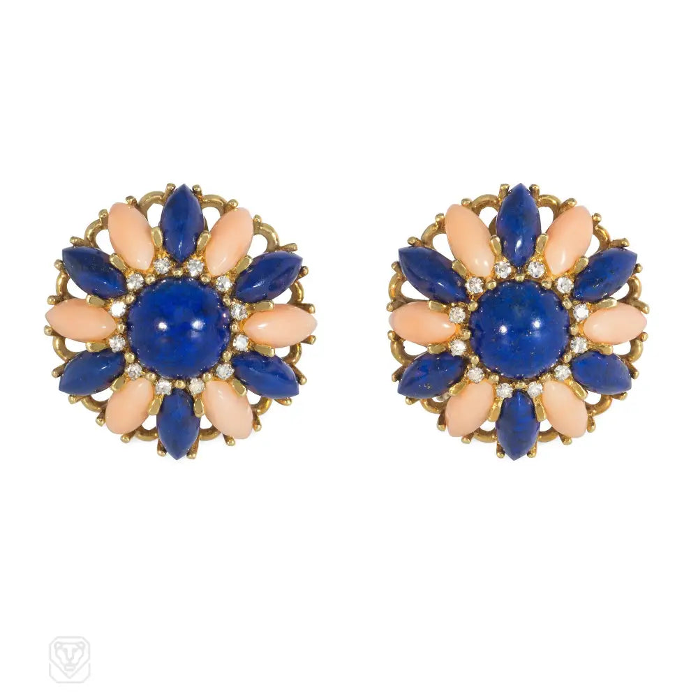 Ladies sapphire earrings-Italian mid-century angel skin coral and lapis earrings