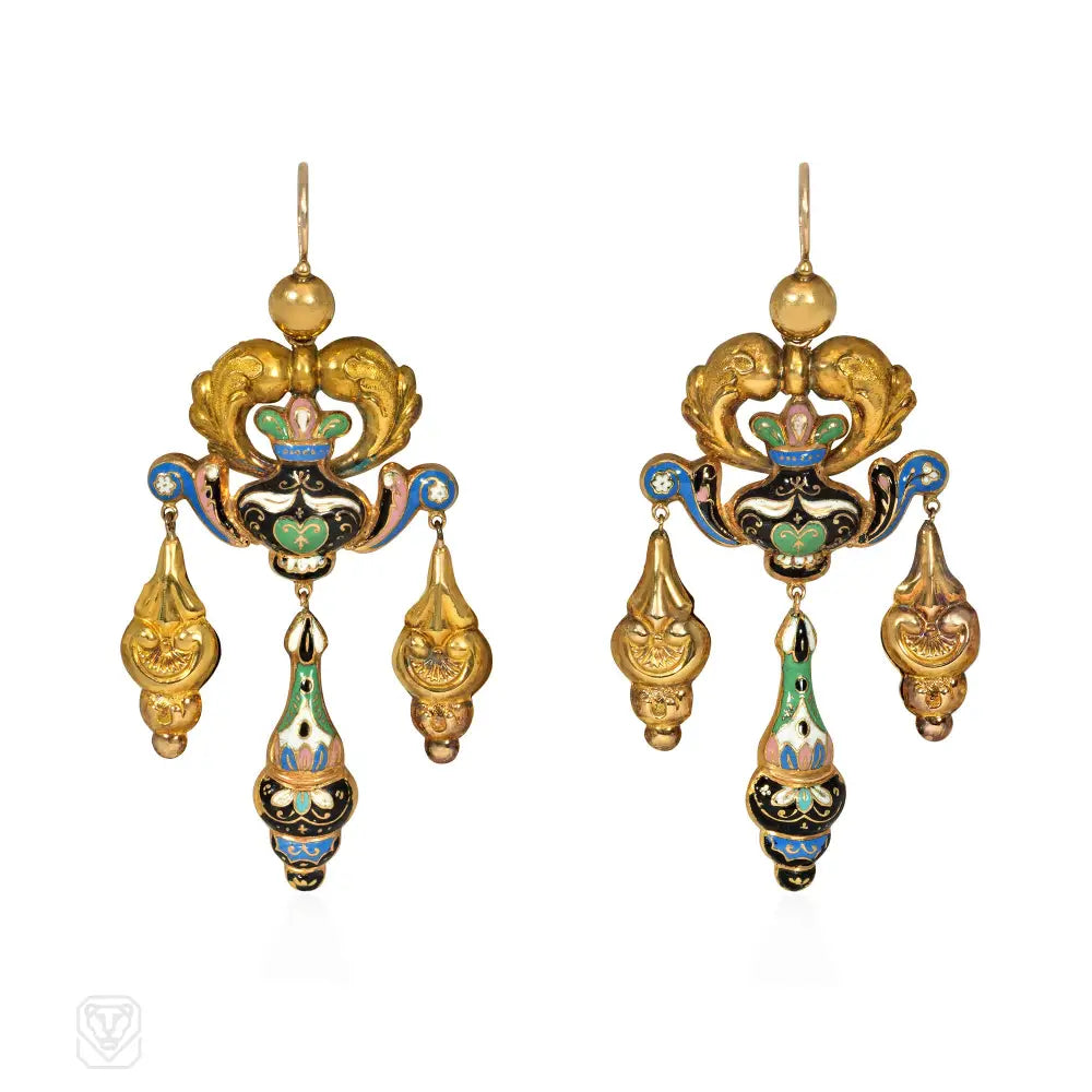 Ladies large hoop earrings-Antique swiss enamel girandole pendant earrings