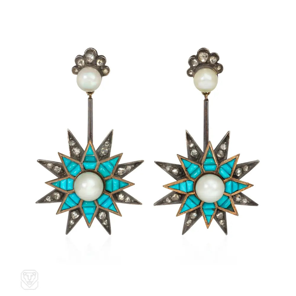 Ladies colorful drop earrings-Antique turquoise, pearl, and diamond pendant star earrings