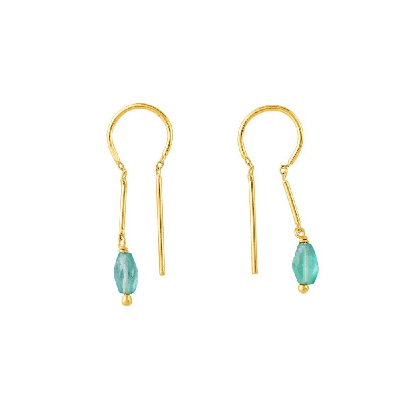 Ladies crystal chandelier earrings-Oblong Stony Dancer Threaders in Blue Apatite & Gold - 1 1/8" L