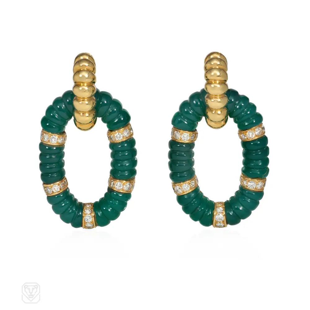 Ladies hoop and stud earrings-1980s Bulgari gold, diamond, and chrysoprase doorknocker hoop earrings