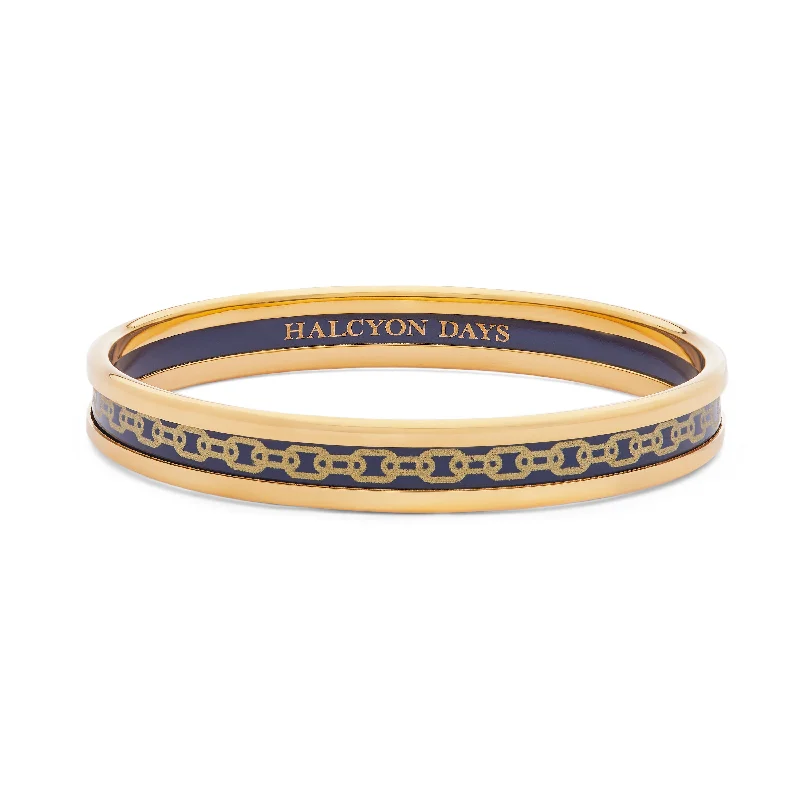 Ladies rose gold bracelets-Skinny Chain Navy & Gold Enamel Bangle