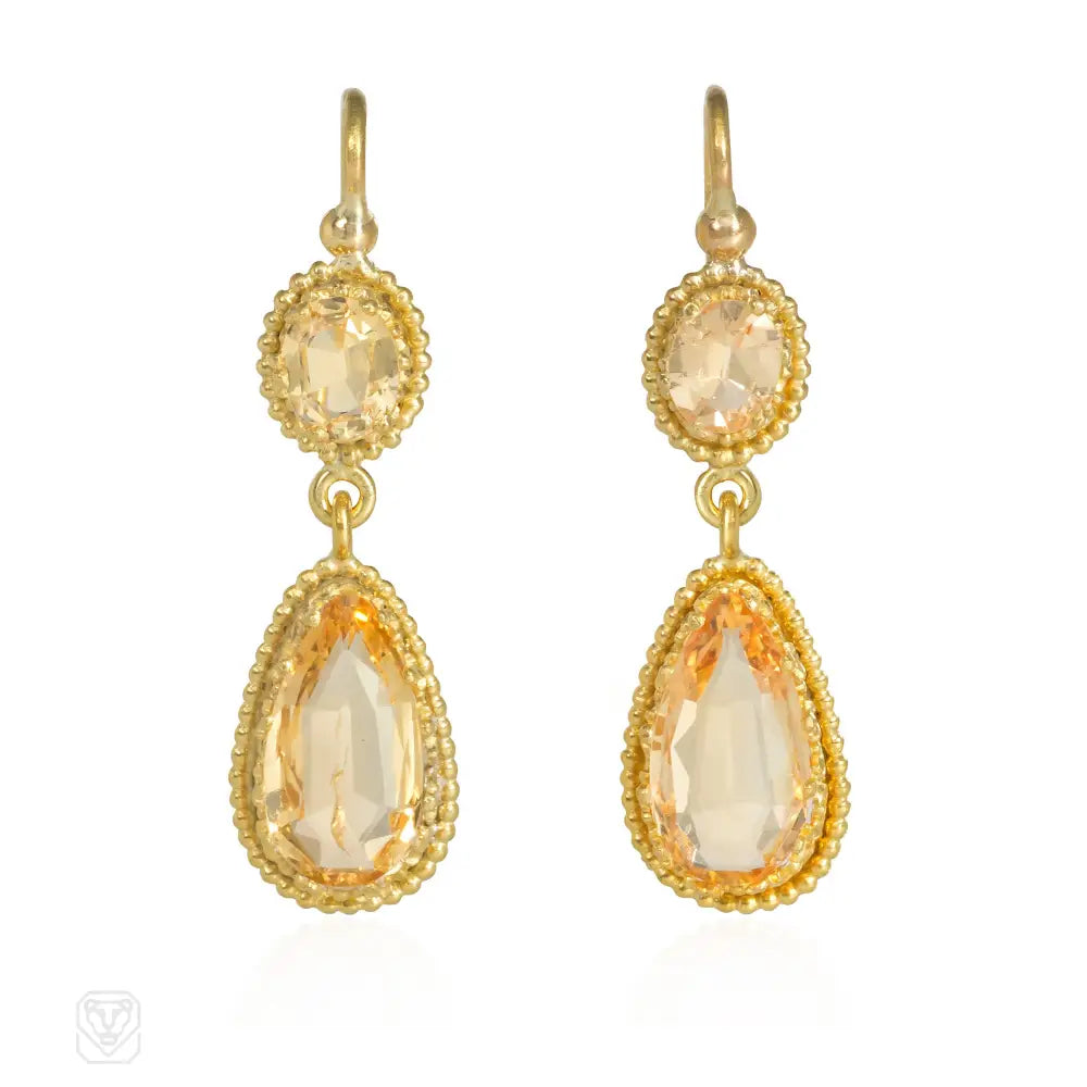 Ladies statement gemstone earrings-Antique gold and precious topaz earrings