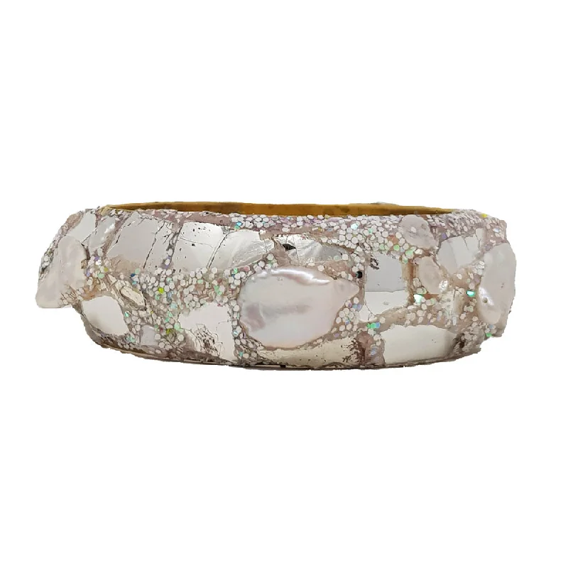 Ladies gold and diamond bracelets-PEARL AND SILVER MEDIUM BANGLE