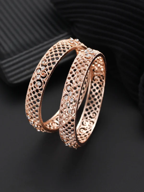 Ladies silver cuff bangles-Set Of 2 Rose Gold-Plated Cubic Zirconia Studded Bangle