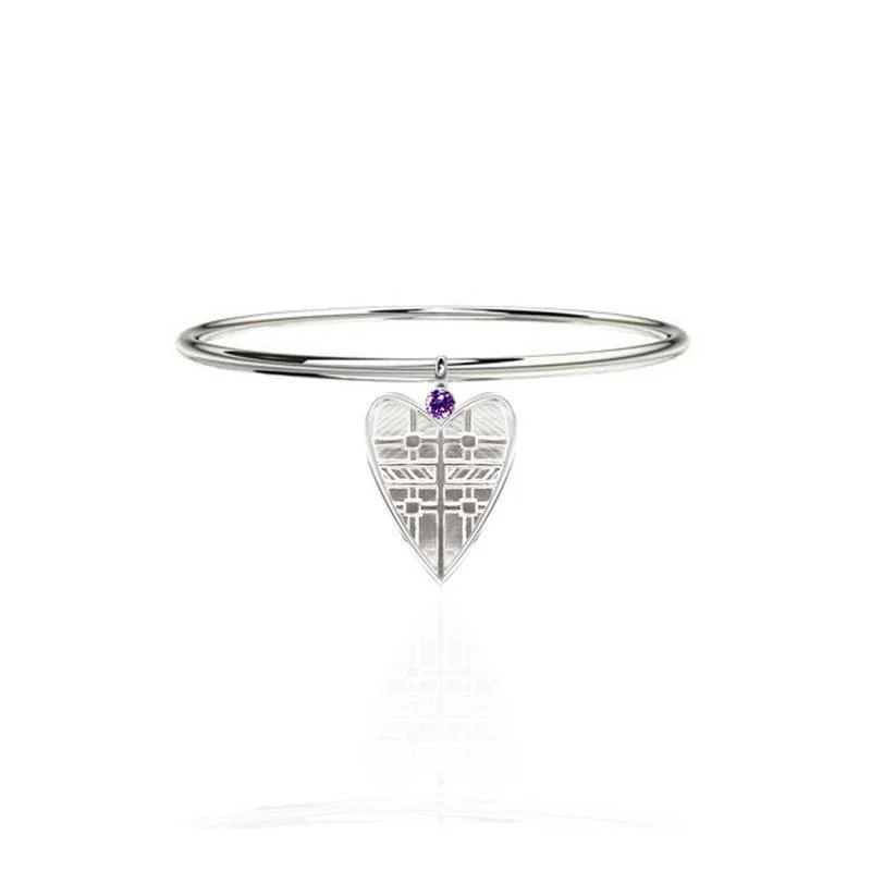 Ladies classic bangles-Tartan Solid Heart Bangle with Amethyst in Silver