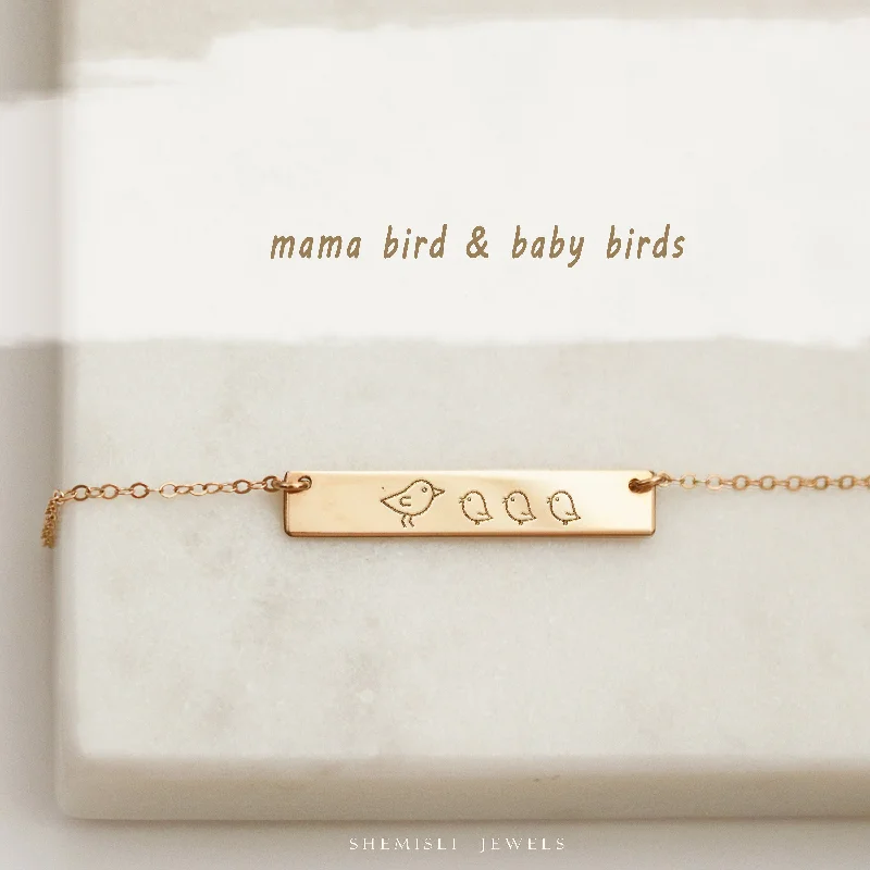 Ladies fashion-forward necklaces-Mama Bird Baby Birds Bar Necklace, Customized Push Present, Gift For Mothers, Wife, Grandma, Unisex, Gold Filled, Silver • NBH30X5-06