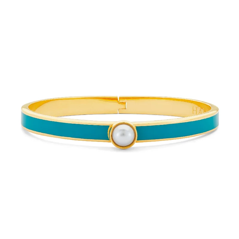 Ladies silver bangles with stones-Skinny Cabochon Pearl Turquoise & Gold Bangle