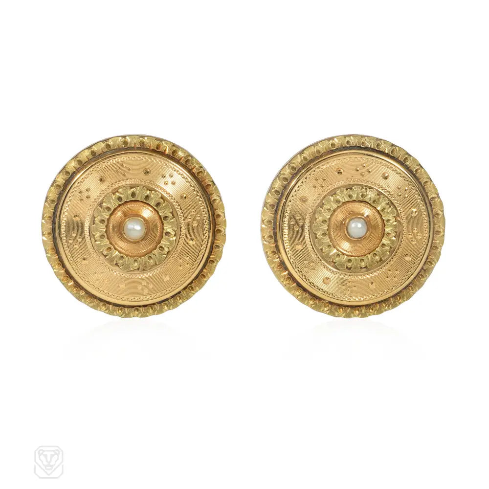 Ladies drop earrings-Antique two-color gold disk earrings