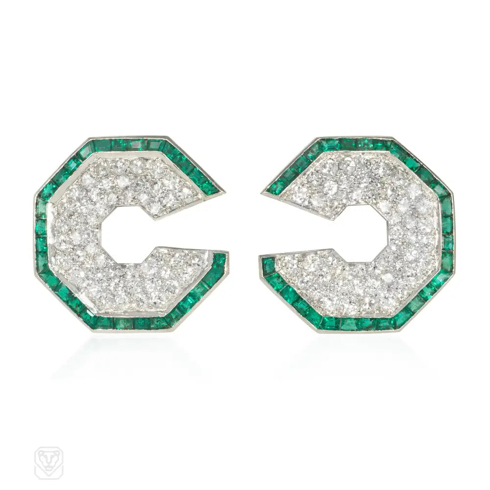 Ladies wedding hoop earrings-Art Deco emerald and diamond octagonal earrings