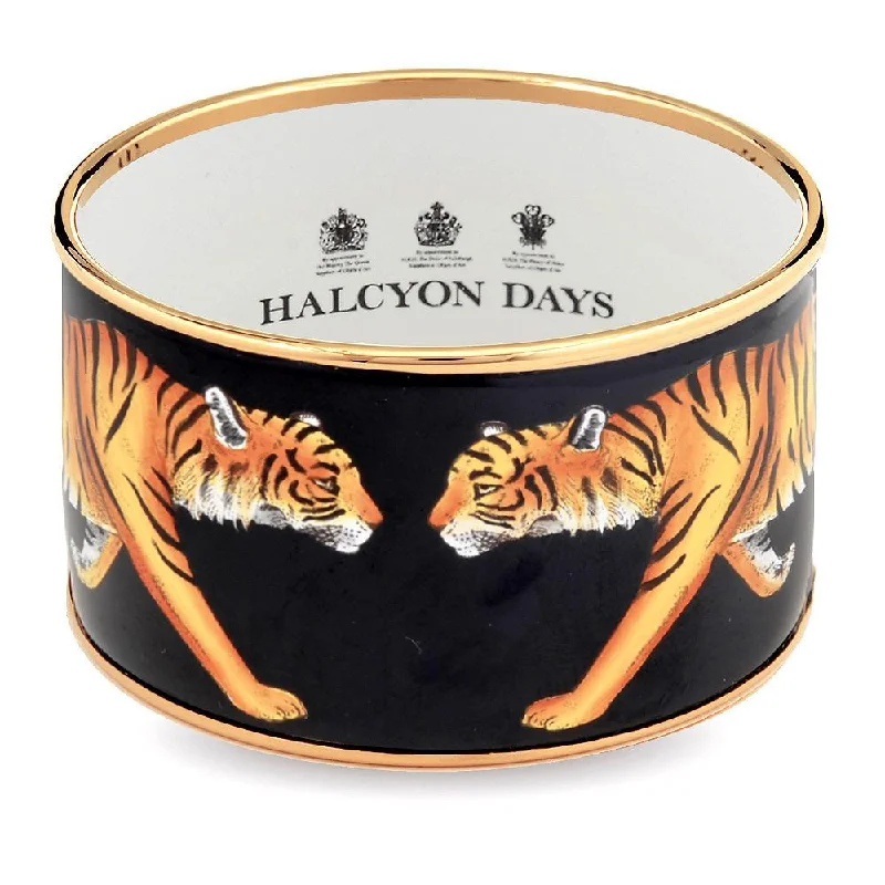 Ladies engraved bracelets-Tiger Black & Gold Enamel Cuff Bangle