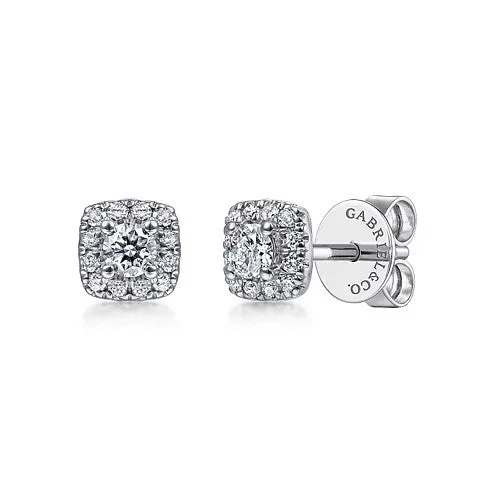 Ladies luxury drop earrings-14K White Gold Cushion Halo Round Diamond Stud Earrings