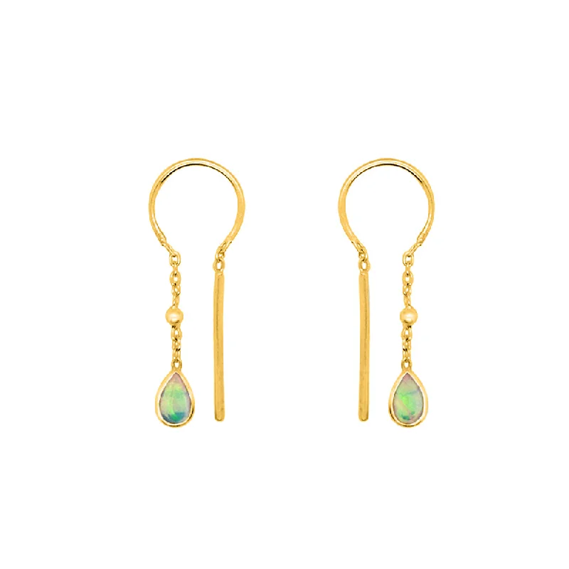 Ladies emerald earrings-Bezeled Stone Dancer Threaders in Opal & Gold- Bottom Stone