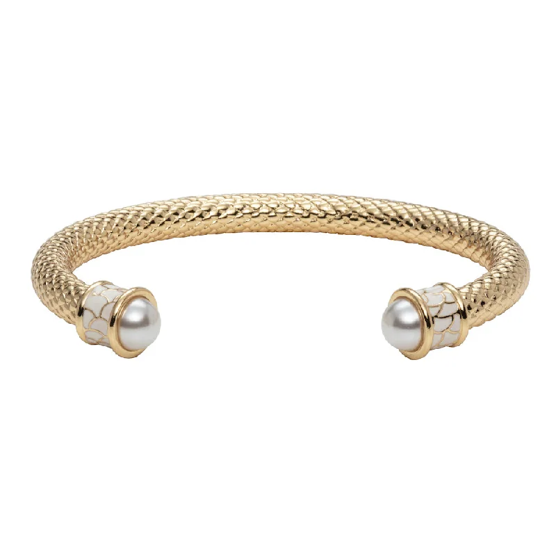 Ladies leather bracelets-Salamander Torque Pearl & Gold Bangle