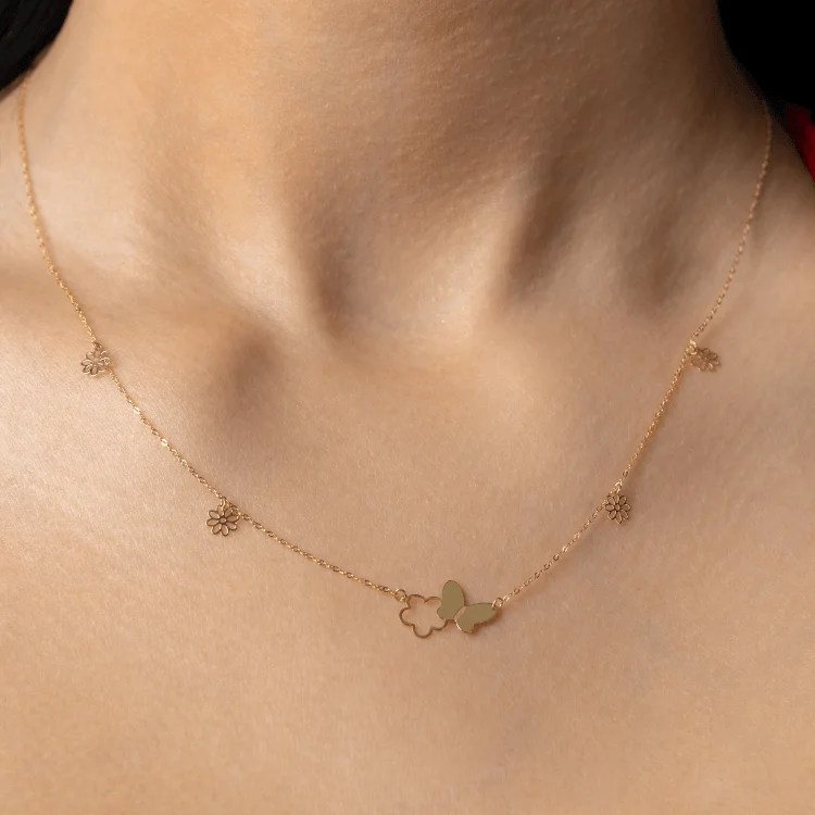 Ladies minimalist necklaces-Real Gold Butterfly & Flower Necklace (45 C.M) N1088