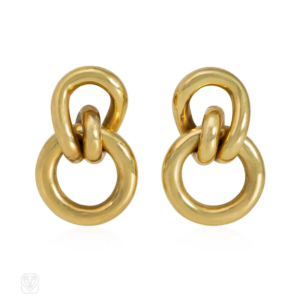 Ladies heart-shaped drop earrings-Gucci estate gold double hoop knot earrings