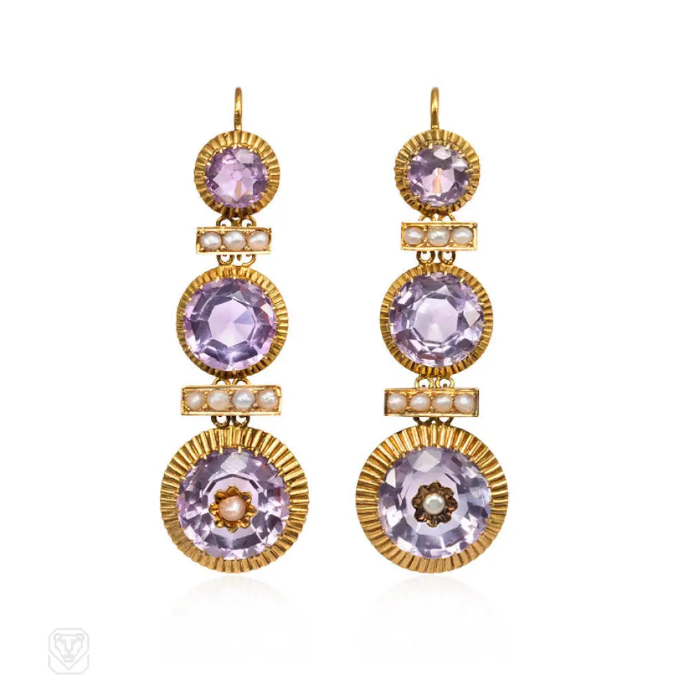 Ladies sapphire earrings-Antique amethyst and pearl earrings, France