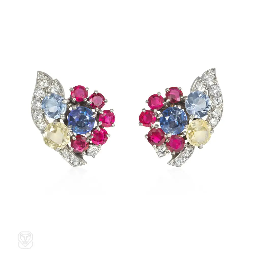 Ladies bridal drop earrings-Cartier Retro sapphire and diamond flower earrings