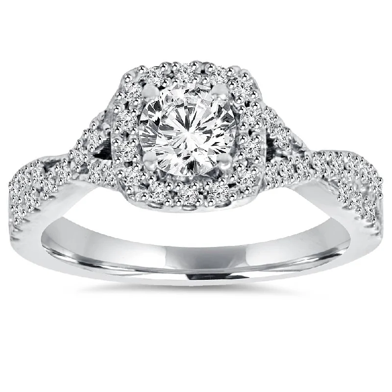 Ladies round cut engagement rings-1ct Cushion Halo Diamond Engagement Ring 14K White Gold