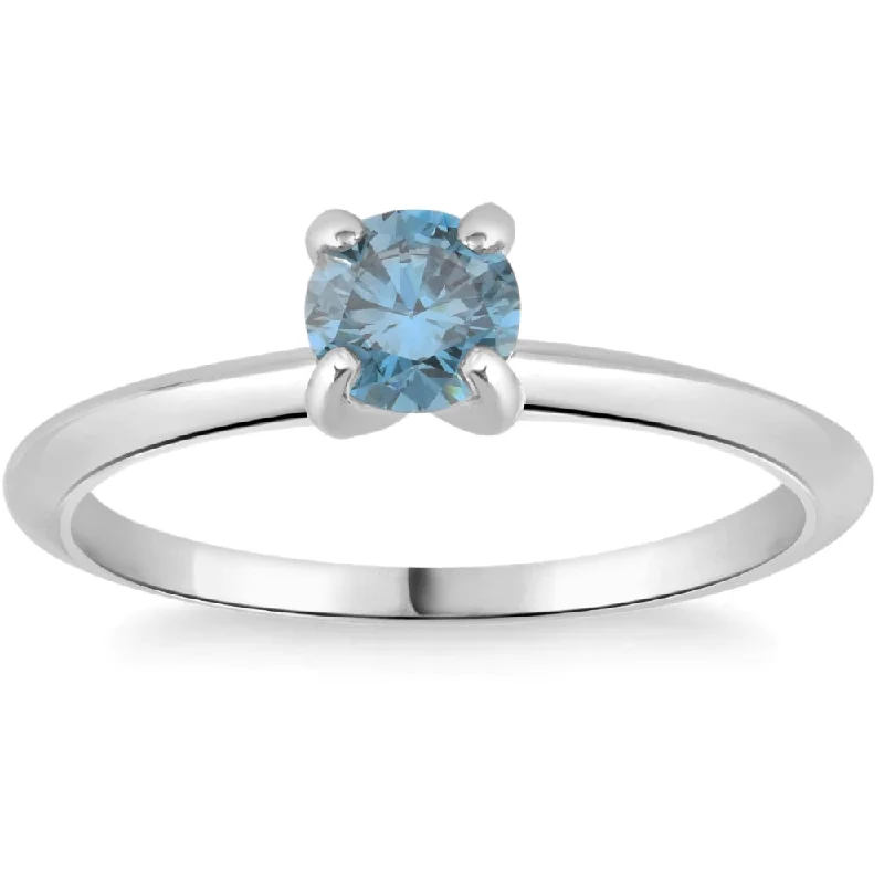 Ladies gold engagement rings-3/8Ct Round Cut Blue Diamond Solitaire Engagement Ring White or Yellow Gold 14k