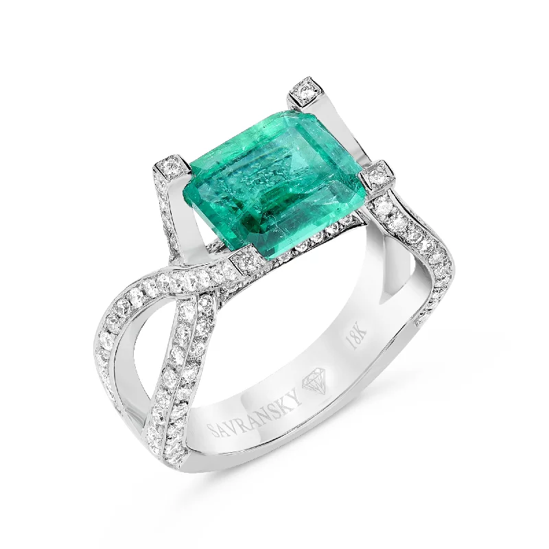 Ladies custom rings-Emerald Infinity Split Shank Birthstone Ring