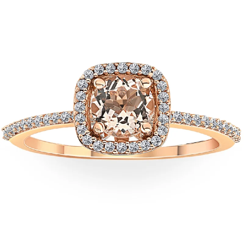 Ladies yellow diamond engagement rings-1 Ct Cushion Halo 6mm Morganite & Diamond Rose Gold Engagement Anniversary Ring