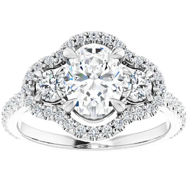 Ladies classic engagement rings-1 3/4 Ct Three Stone Halo Diamond & Oval Moissanite Engagement Ring White Gold