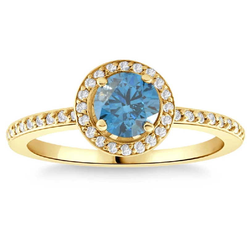 Ladies vintage style engagement rings-1 1/3Ct TW Blue & White Diamond Halo Engagement Ring in 14k Yellow Gold