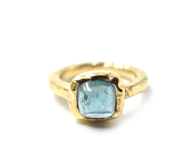 Ladies pearl rings-Blue Tourmaline 14k Yellow Gold Hammered Ring