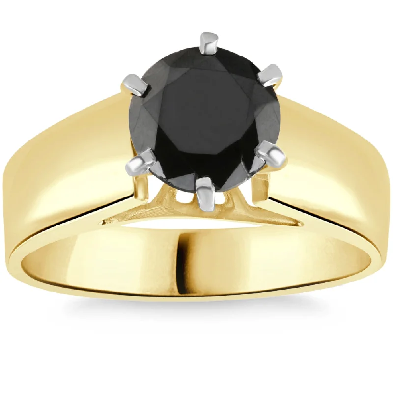 Ladies designer engagement rings-2Ct Round Black Diamond Solitaire Engagement Ring 14k Yellow Gold