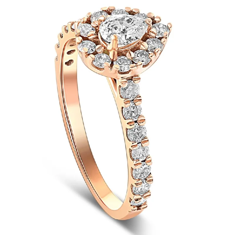 Ladies engagement rings with pearl accents-1Ct Pear Shape Diamond Halo Engagement Ring in White, Yellow, or Rose Gold