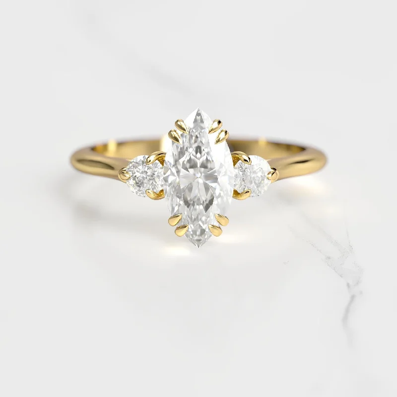 Ladies modern solitaire rings-Marquise Moissanite Ring With Accent Stones, three stone ring