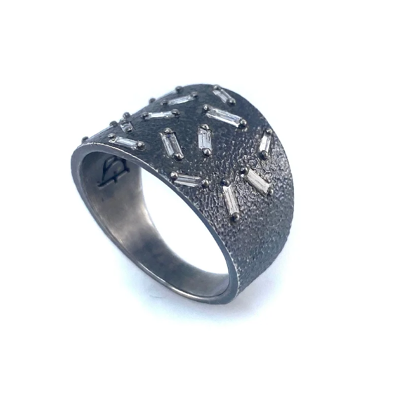 Ladies round cut rings-Wide Oxidized Sterling Silver Ice Ring