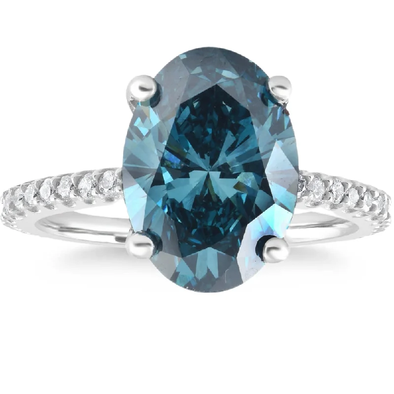 Ladies double band engagement rings-2 1/2Ct Blue Oval Diamond Engagement Ring in 14k White Gold