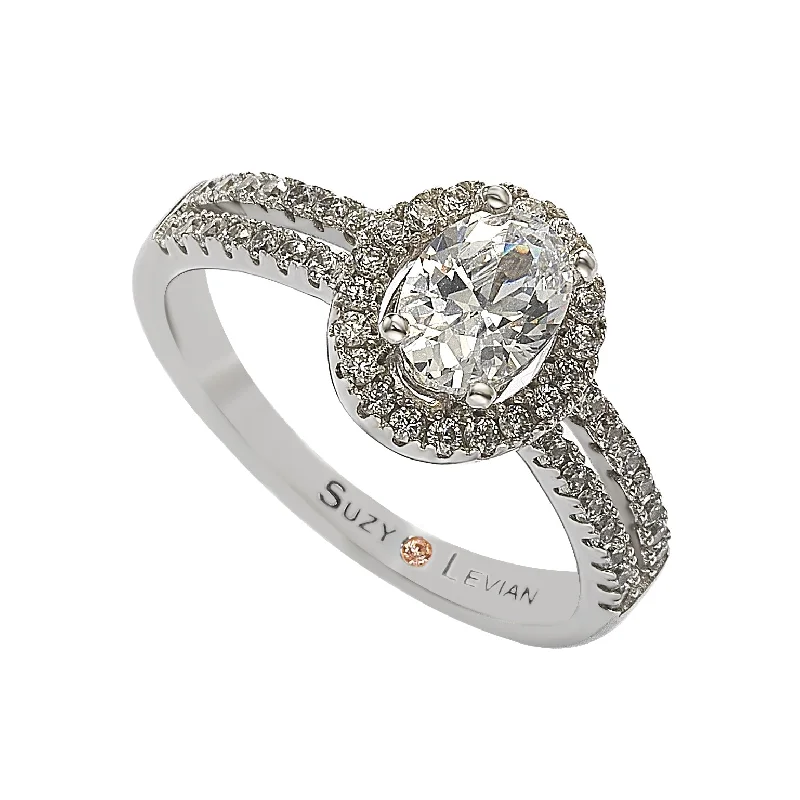 Ladies gold engagement rings-Suzy Levian Sterling Silver Oval Cut White Cubic Zirconia Halo Engagement Ring