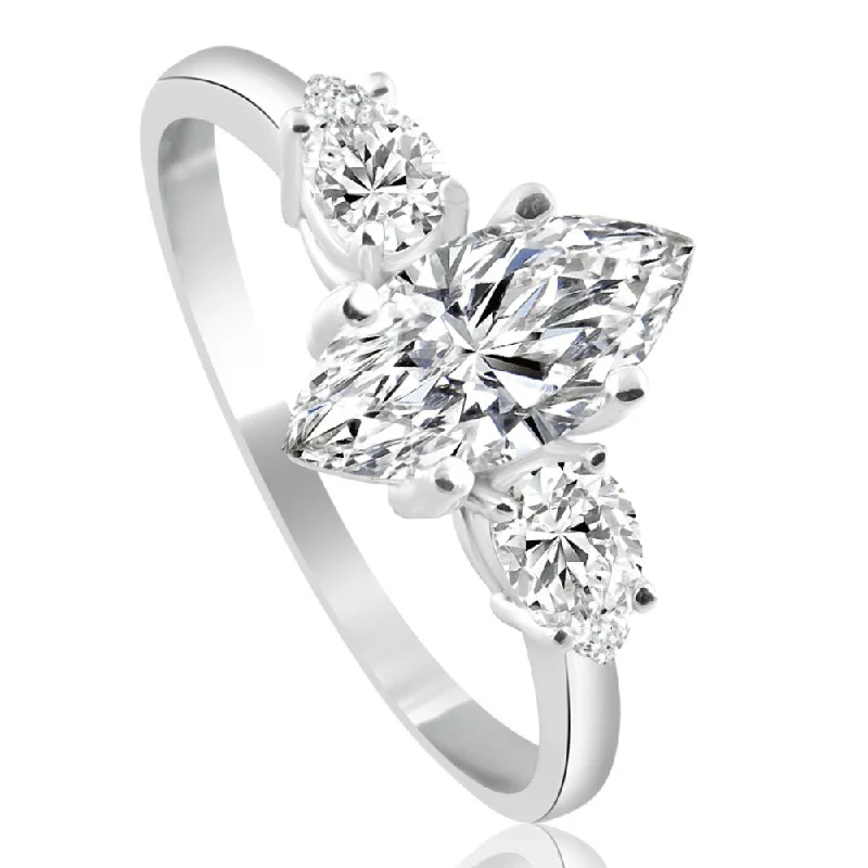 Ladies three-stone engagement rings-1 1/3Ct Marquise & Pear Shape Diamond 3 Stone Engagement Ring 14k Gold Lab Grown