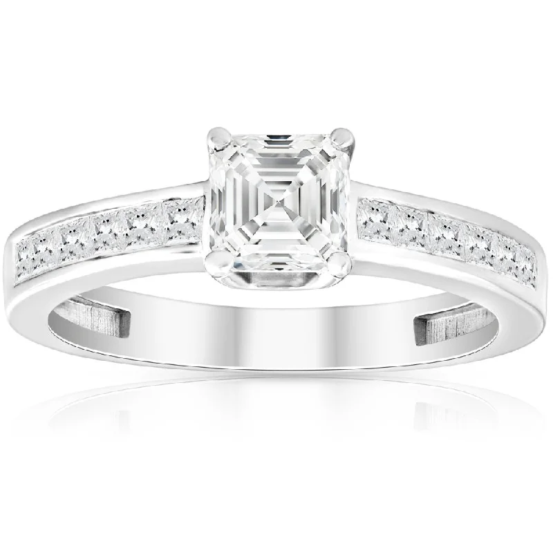 Ladies engagement rings with pearl accents-1Ct Asscher Cut Moissanite & Princess Cut Diamond Engagement Ring 14k White Gold