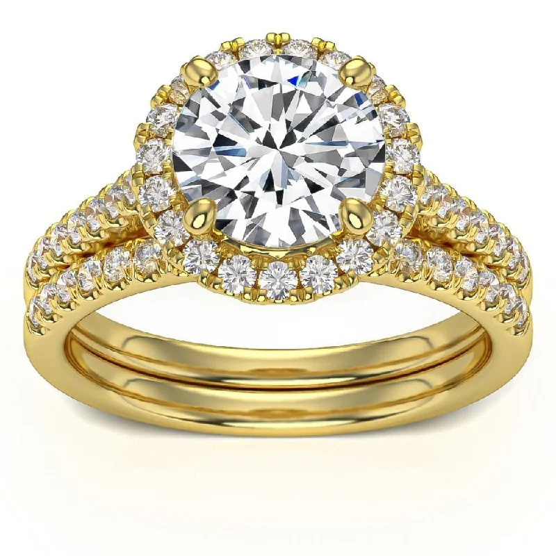 Ladies engagement rings with colored diamonds-3 1/3Ct Halo Diamond Engagement Lab Grown Ring Set White Yellow or Rose Gold