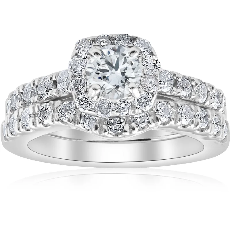 Ladies aquamarine engagement rings-1 1/10Ct TDW Cushion Halo Engagement Wedding Ring Set 14k White Gold Lab Grown