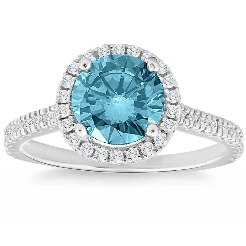 Ladies split shank engagement rings-3 1/3 Ct Blue & White Diamond Halo Engagement Ring in 14k White Gold