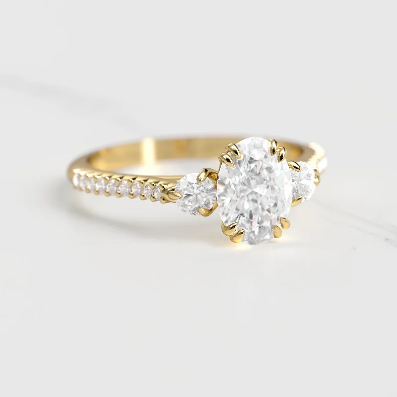 Ladies gold rings-Oval moissanite ring with half etenity moissanites 1ct