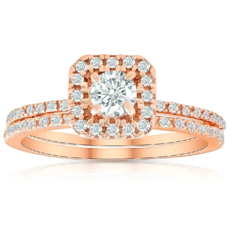 Ladies double band engagement rings-5/8 Ct TDW Diamond Cushion Halo Engagement Wedding Ring Set Rose Gold