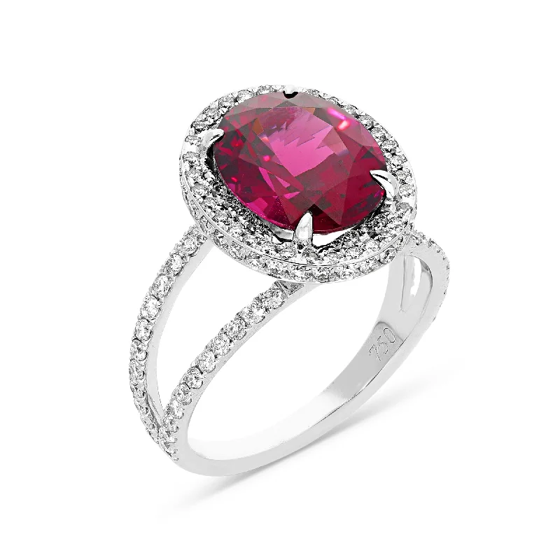 Ladies fashion rings with gemstones-Oval Cut Rhodolite Double Edge Halo & Split Shank Ring