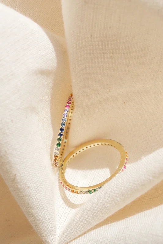 Ladies simple gold rings-Asha Thin Gold Ring with Rainbow CZ Stones