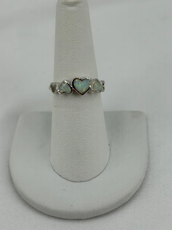 Ladies silver promise rings-925 White Lab Opal Sequence of Hearts Ring size 7 2.15mm