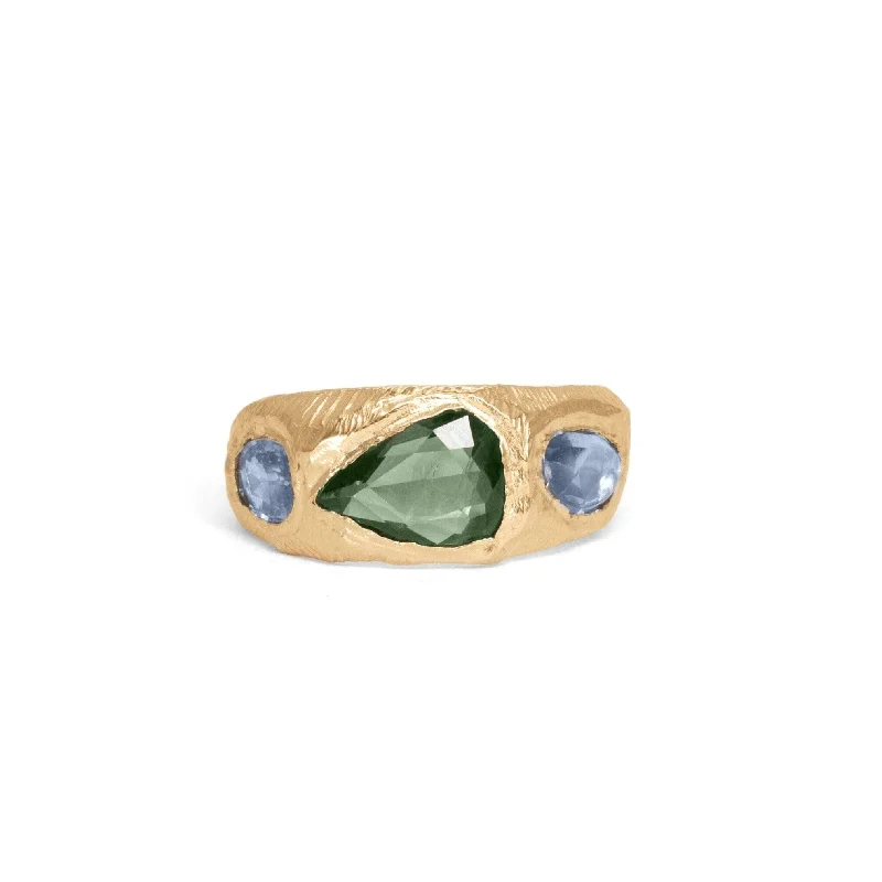 Ladies affordable engagement rings-18K Three Stone Ring in Green and Blue Sapphire